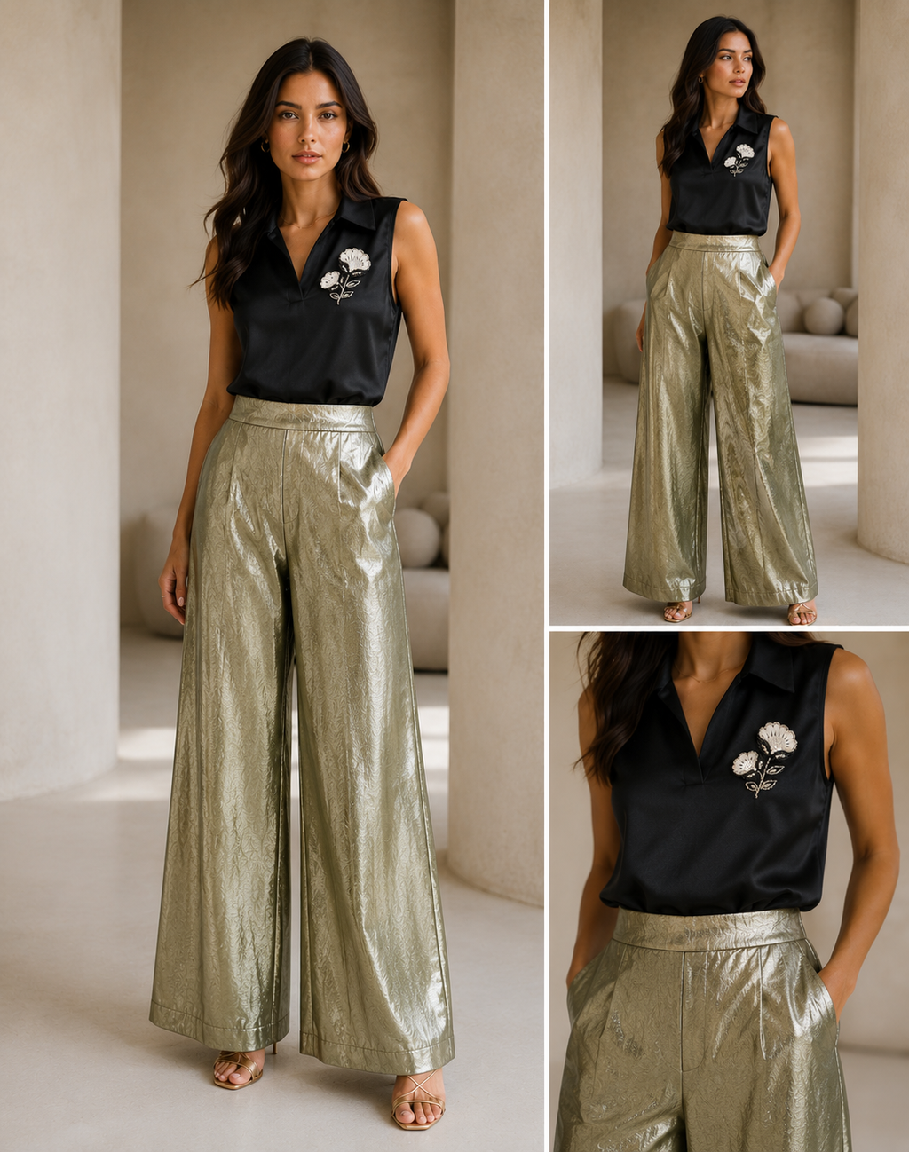 Floral Motif Silk Top & Shimmer Pant Co-ord Set
