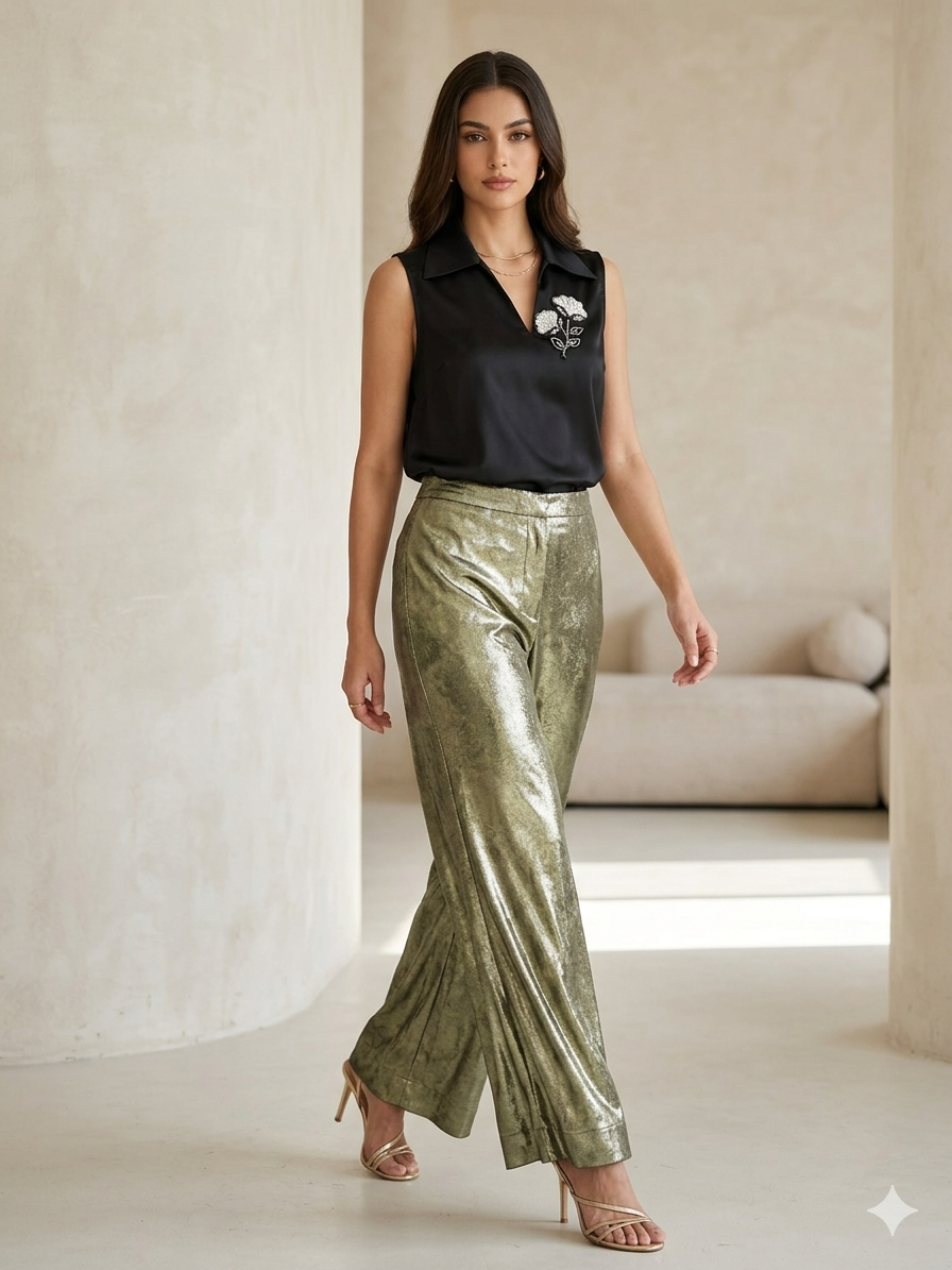 Floral Motif Silk Top & Shimmer Pant Co-ord Set