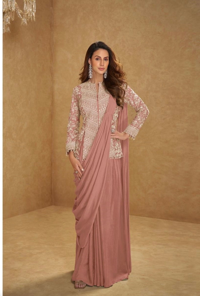 Embroidered Jacket Pre-Draped Saree Set