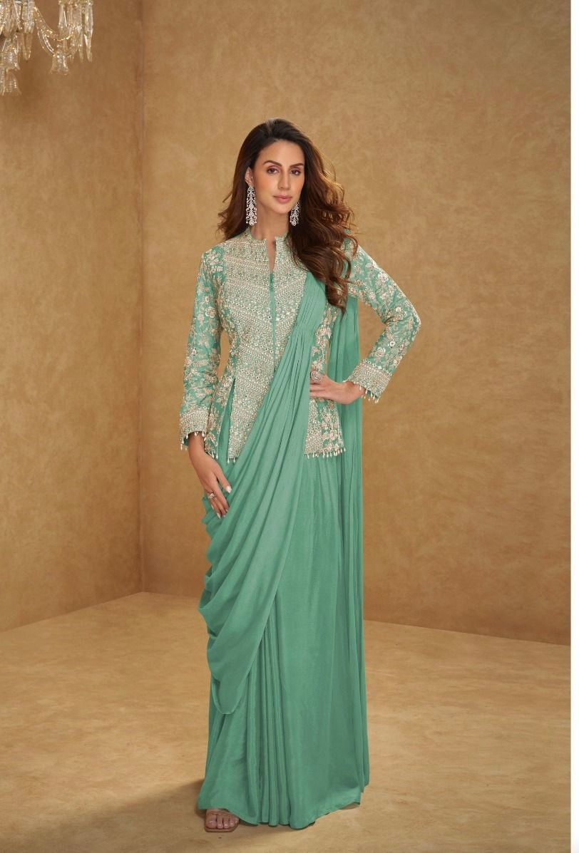 Embroidered Jacket Pre-Draped Saree Set