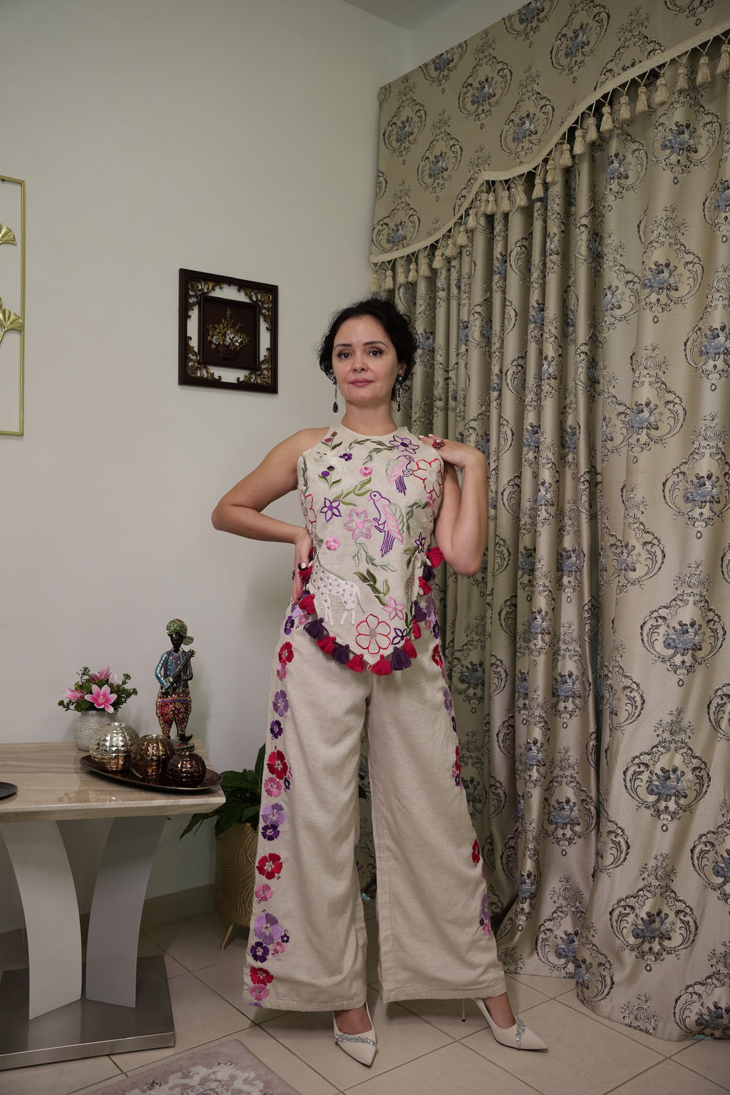 Signature Embroidered Wide leg Pants
