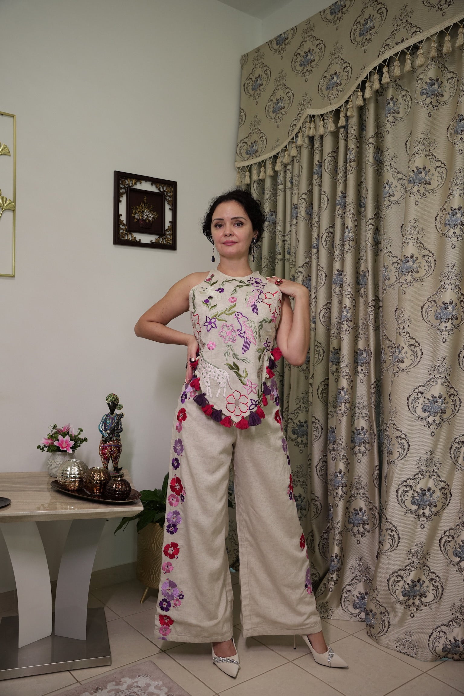 Signature Embroidered Wide leg Pants