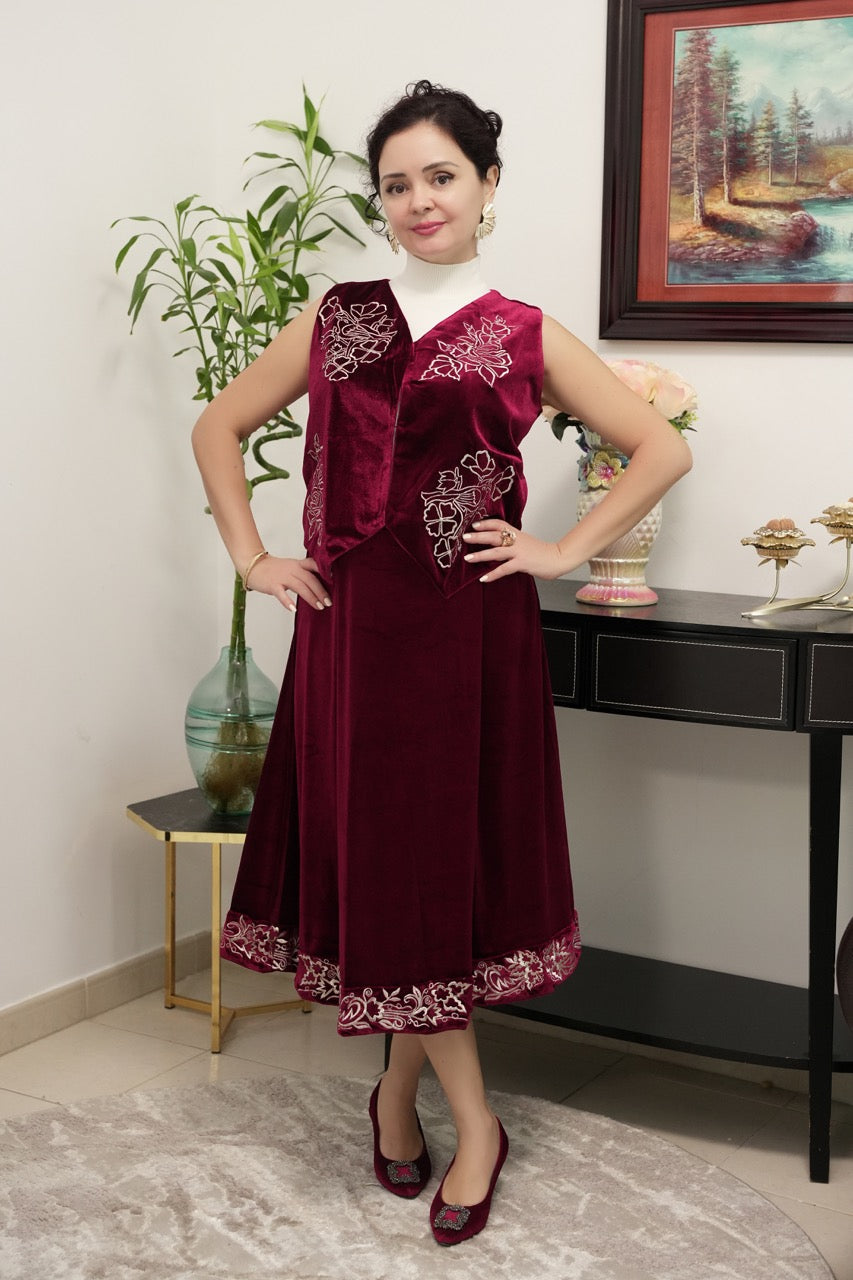 Embroidered Velvet Flare Skirt