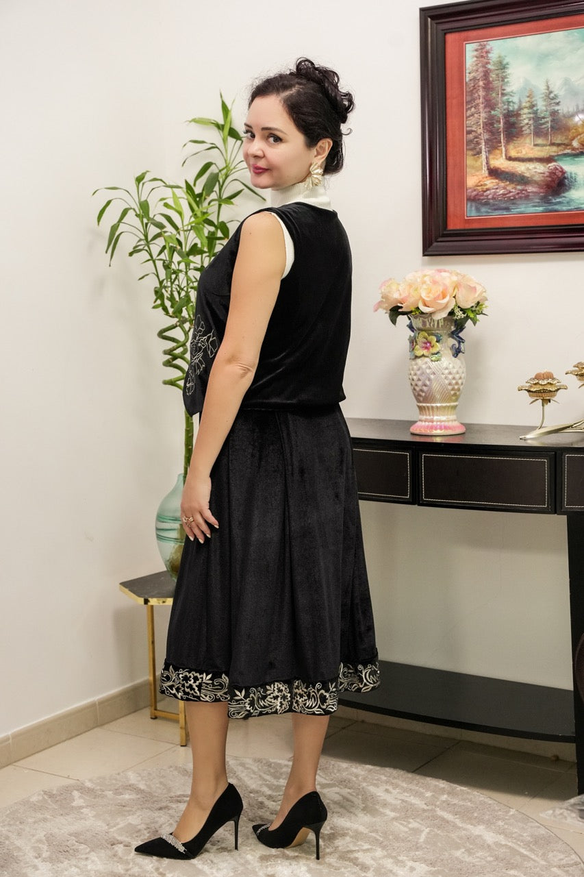 Embroidered Velvet Flare Skirt