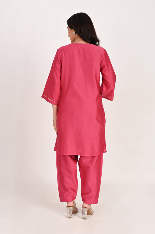 Asymmetrical Kurta Pant Set - Fuschia Pink