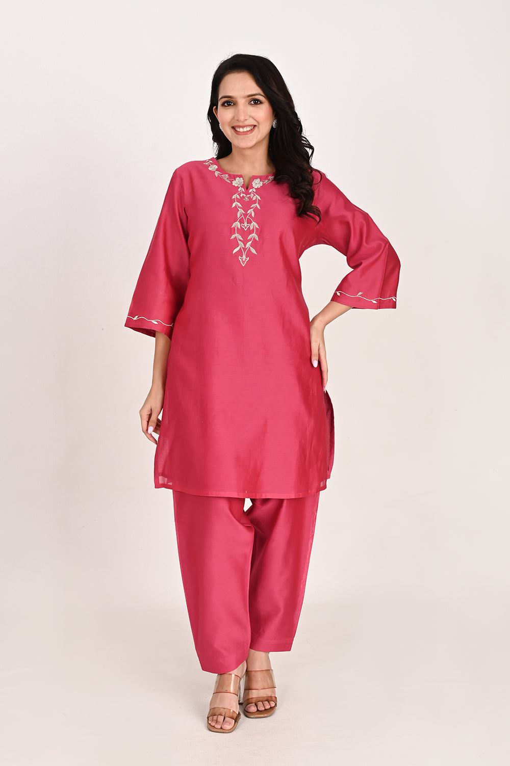 Asymmetrical Kurta Pant Set - Fuschia Pink
