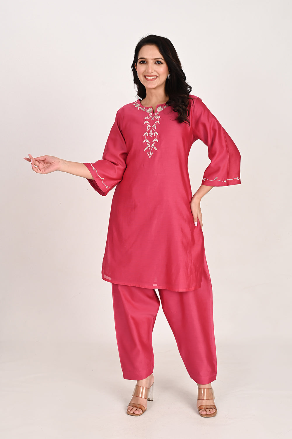 Asymmetrical Kurta Pant Set - Fuschia Pink