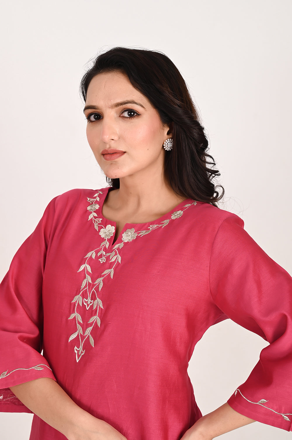 Asymmetrical Kurta Pant Set - Fuschia Pink