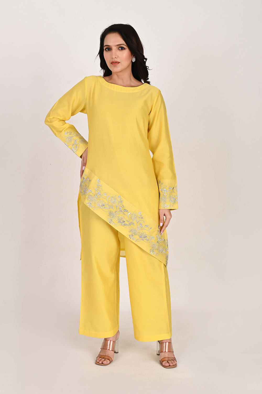 Asymmetrical Kurta Pant Set - lemon yellow