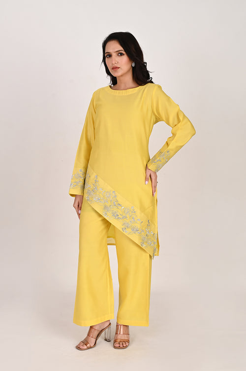 Asymmetrical Kurta Pant Set - lemon yellow