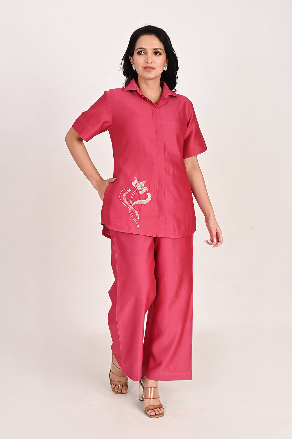 chanderi silk co ord set - fuschia pink