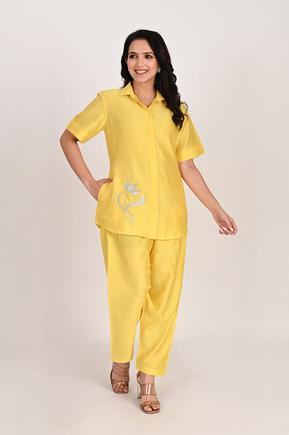 chanderi silk co ord set - lemon yellow