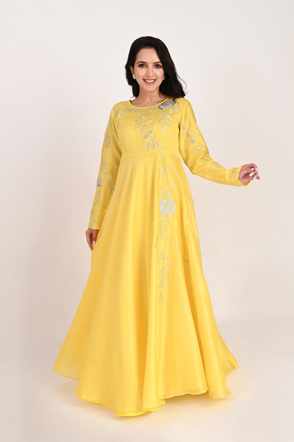 floor length floral embroidered silk - cream shade